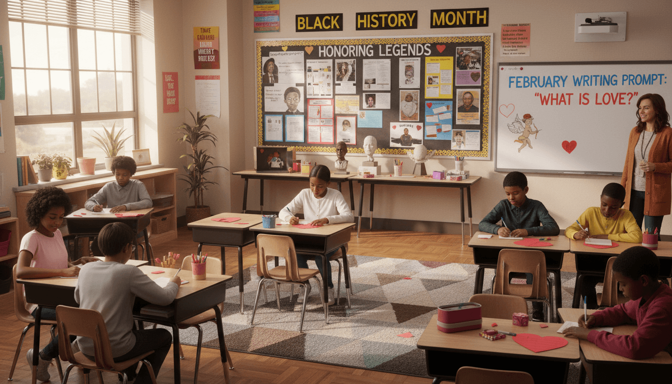 Middle school classroom in February with Black History Month project display and Valentine's writing activity on student desks