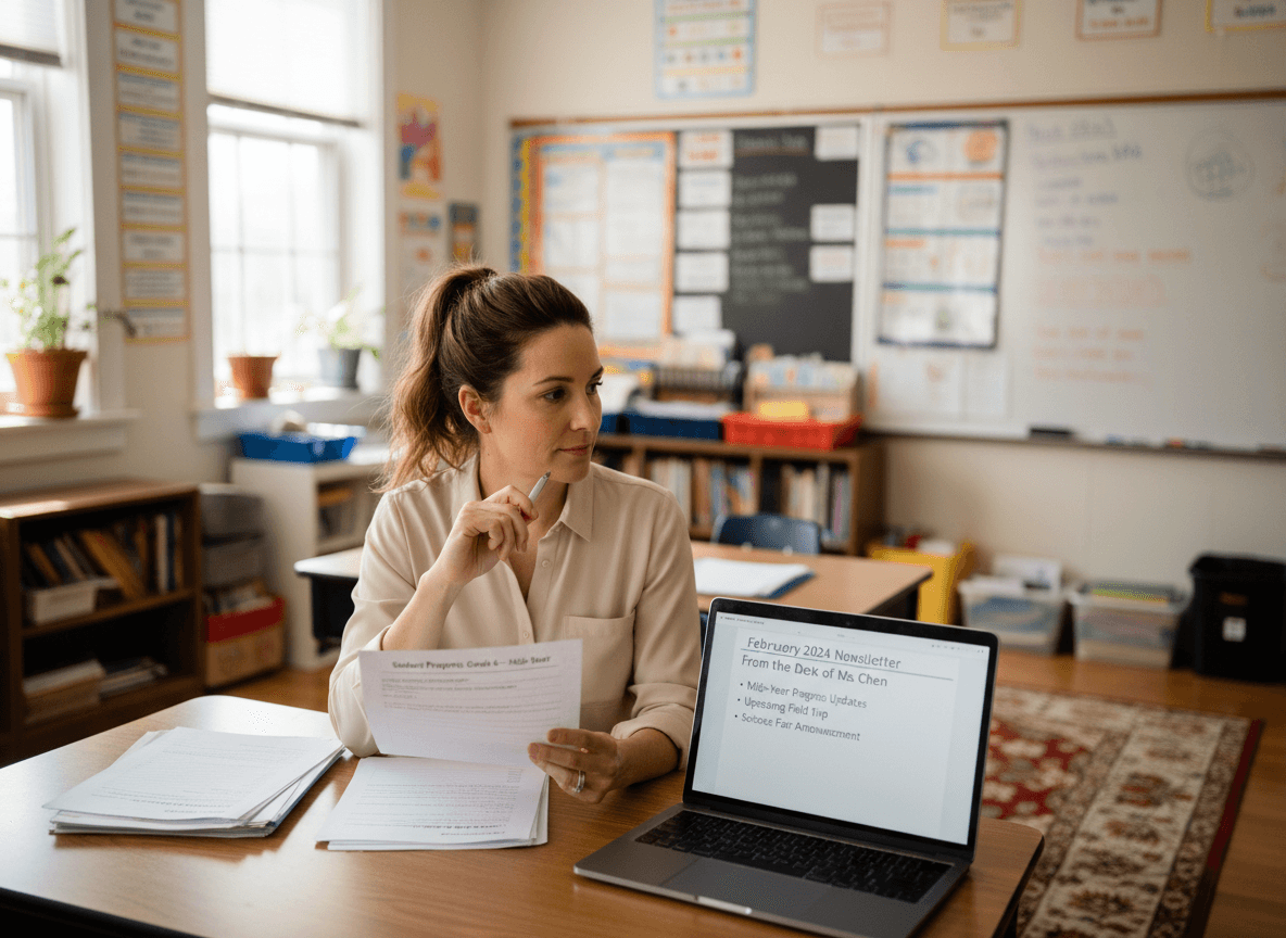 Sixth grade teacher reviewing mid-year progress report before writing February newsletter