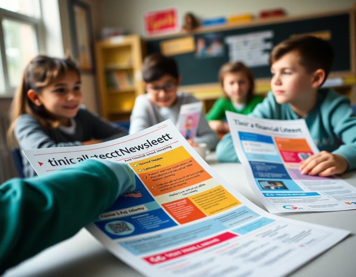 Printed financial literacy newsletter examples with color sections and clear headings on a table