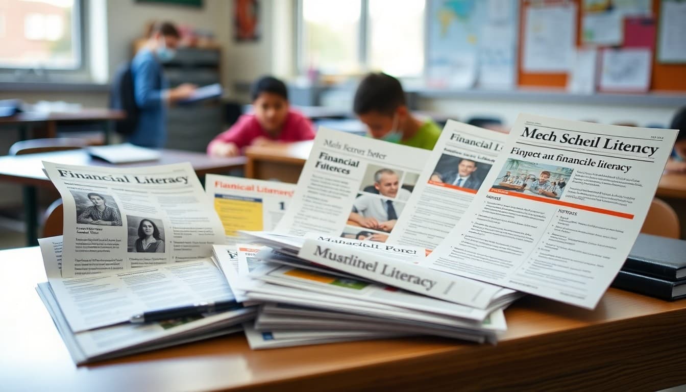 Collection of middle school financial literacy newsletter examples spread on a teacher's desk