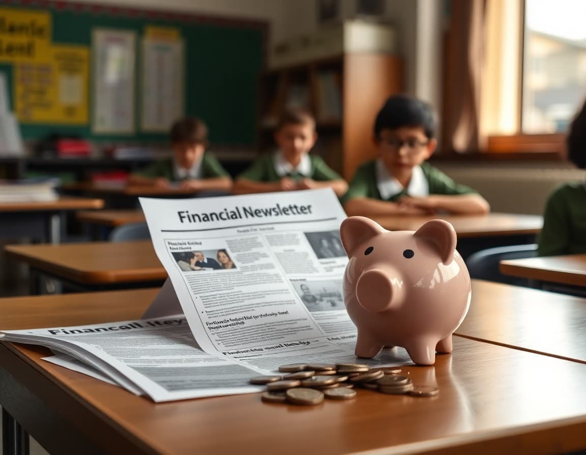 Financial literacy newsletter printed and placed beside a piggy bank and coins on a desk