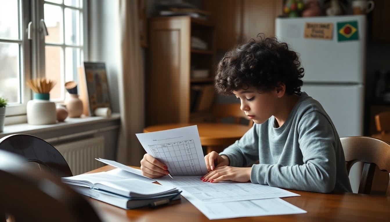 Parent and middle school student working through a budget worksheet together at a kitchen table