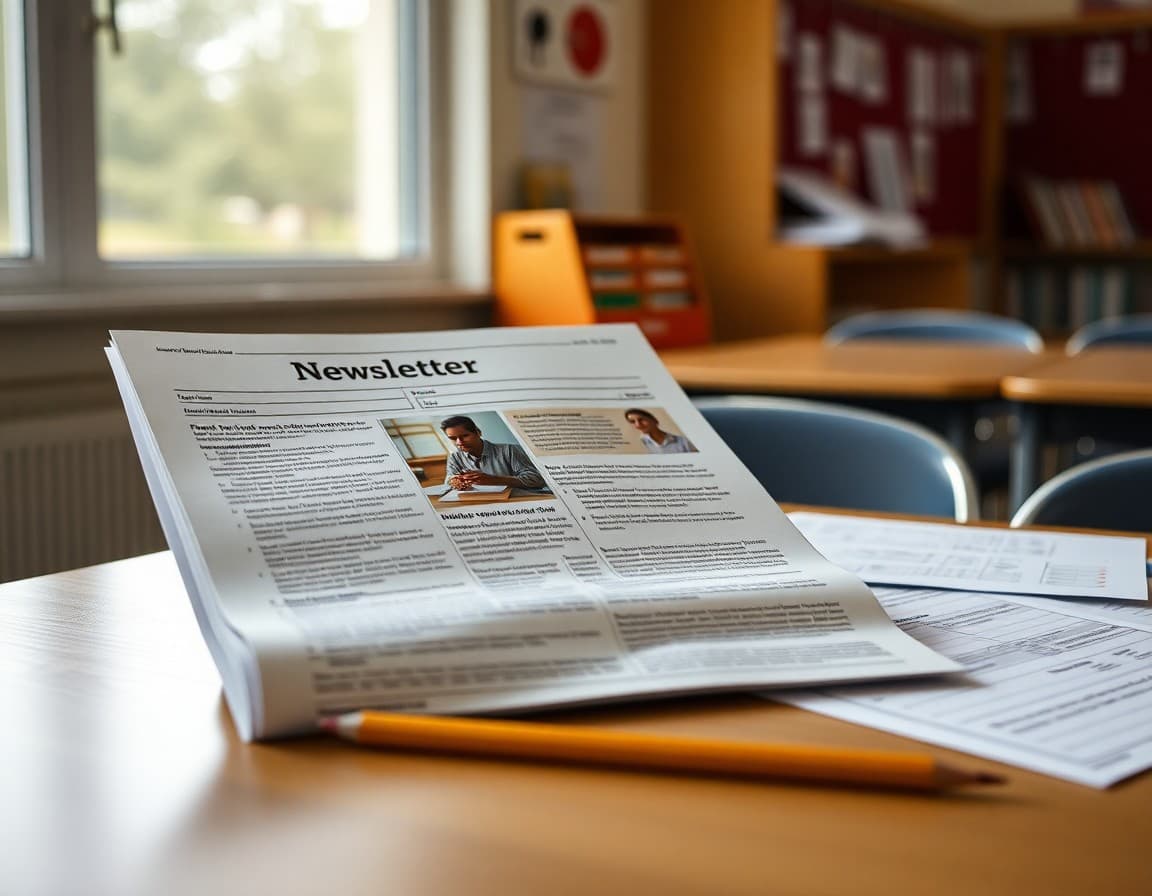 Teacher newsletter open on a desk next to financial literacy worksheets and a pencil