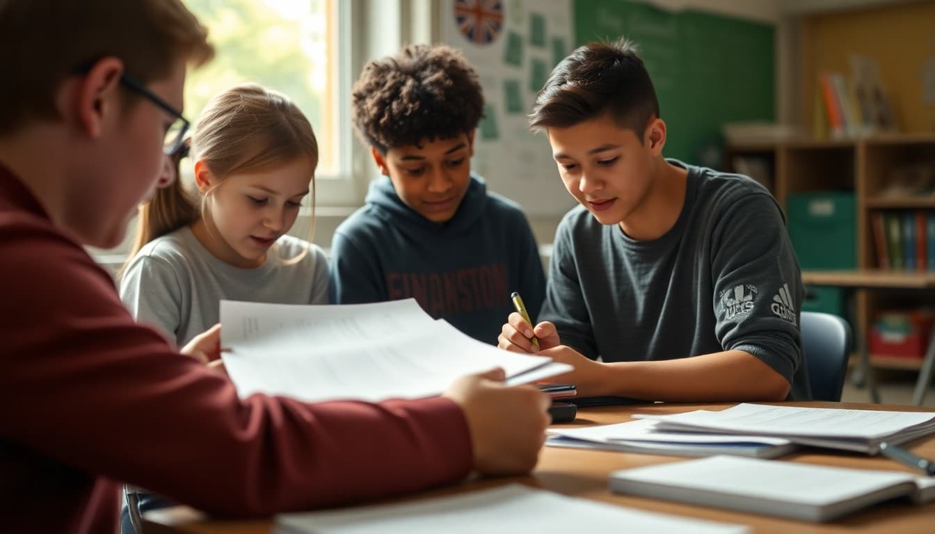 Middle school students reviewing financial literacy materials with a teacher before a test