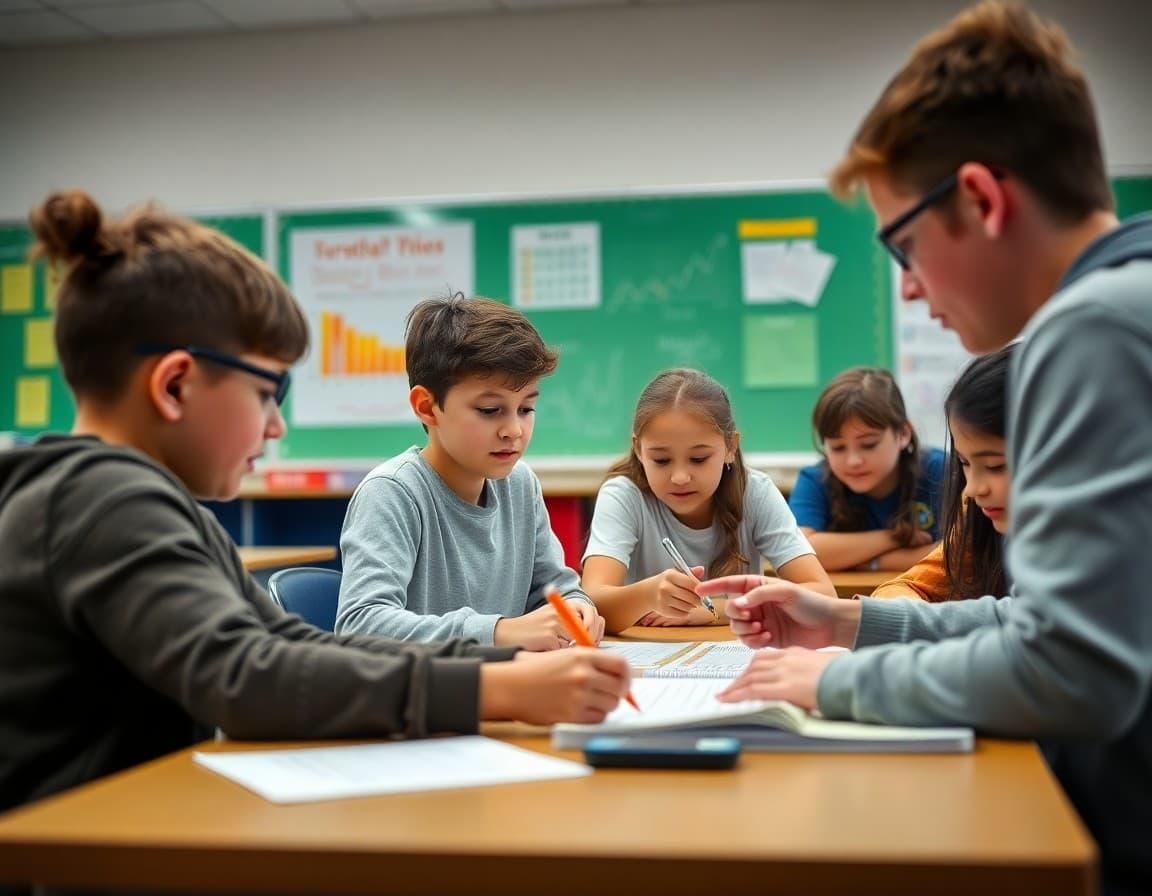 Middle school students working on a financial literacy project in a classroom setting