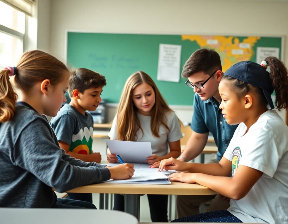 Florida middle school students working with a teacher on a group project in a classroom