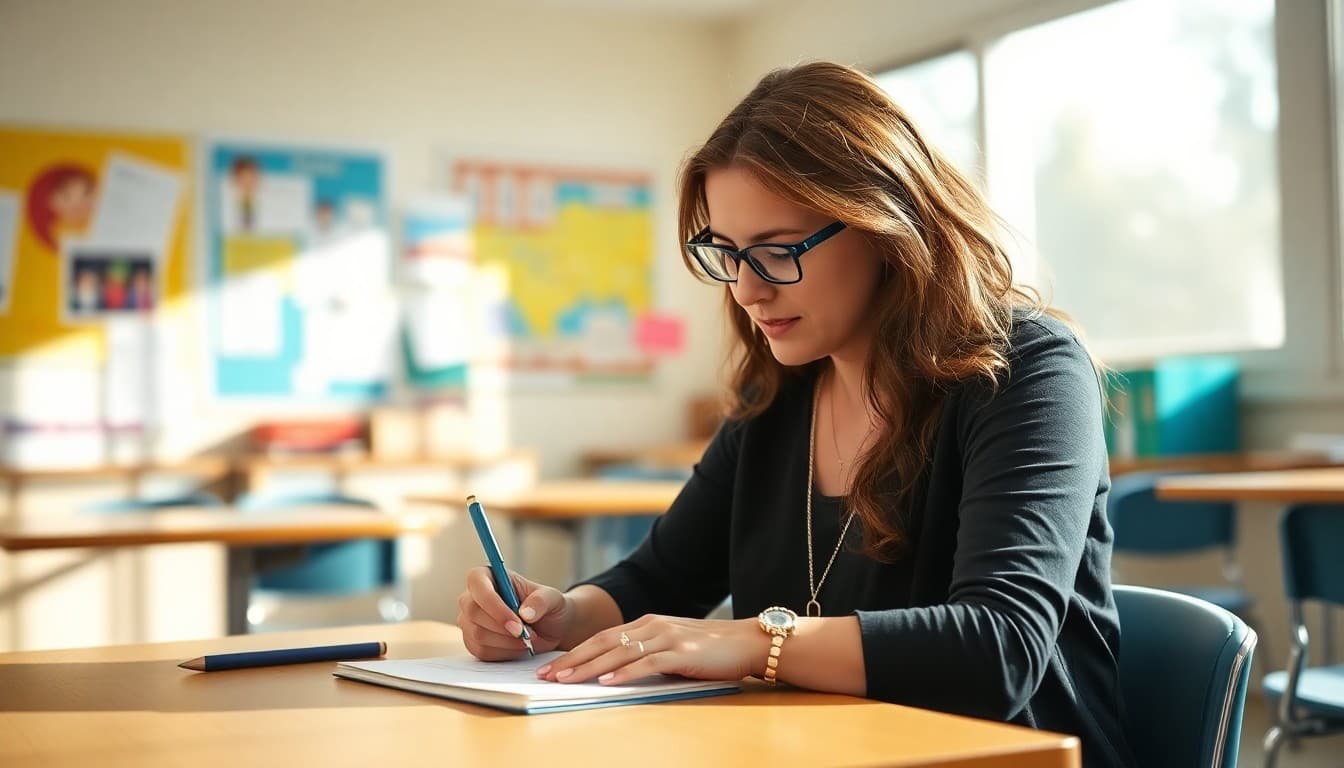 Middle school teacher in Florida writing a parent newsletter at a desk in a sunny classroom