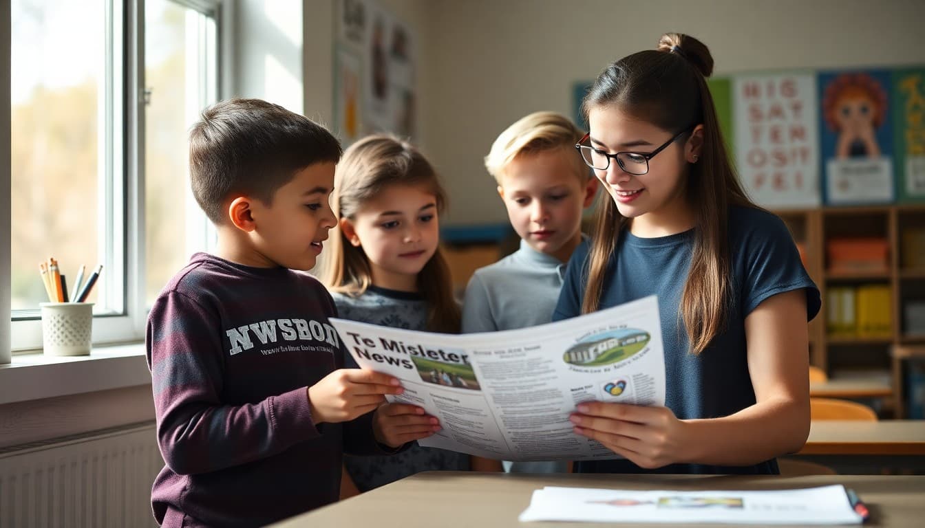 Middle school students and a parent reviewing a school newsletter together