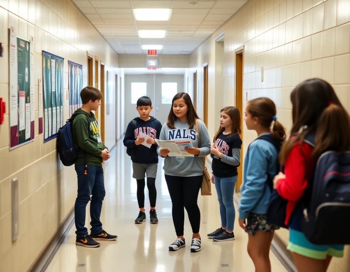 Georgia middle school hallway with students and teacher reviewing newsletter bulletin