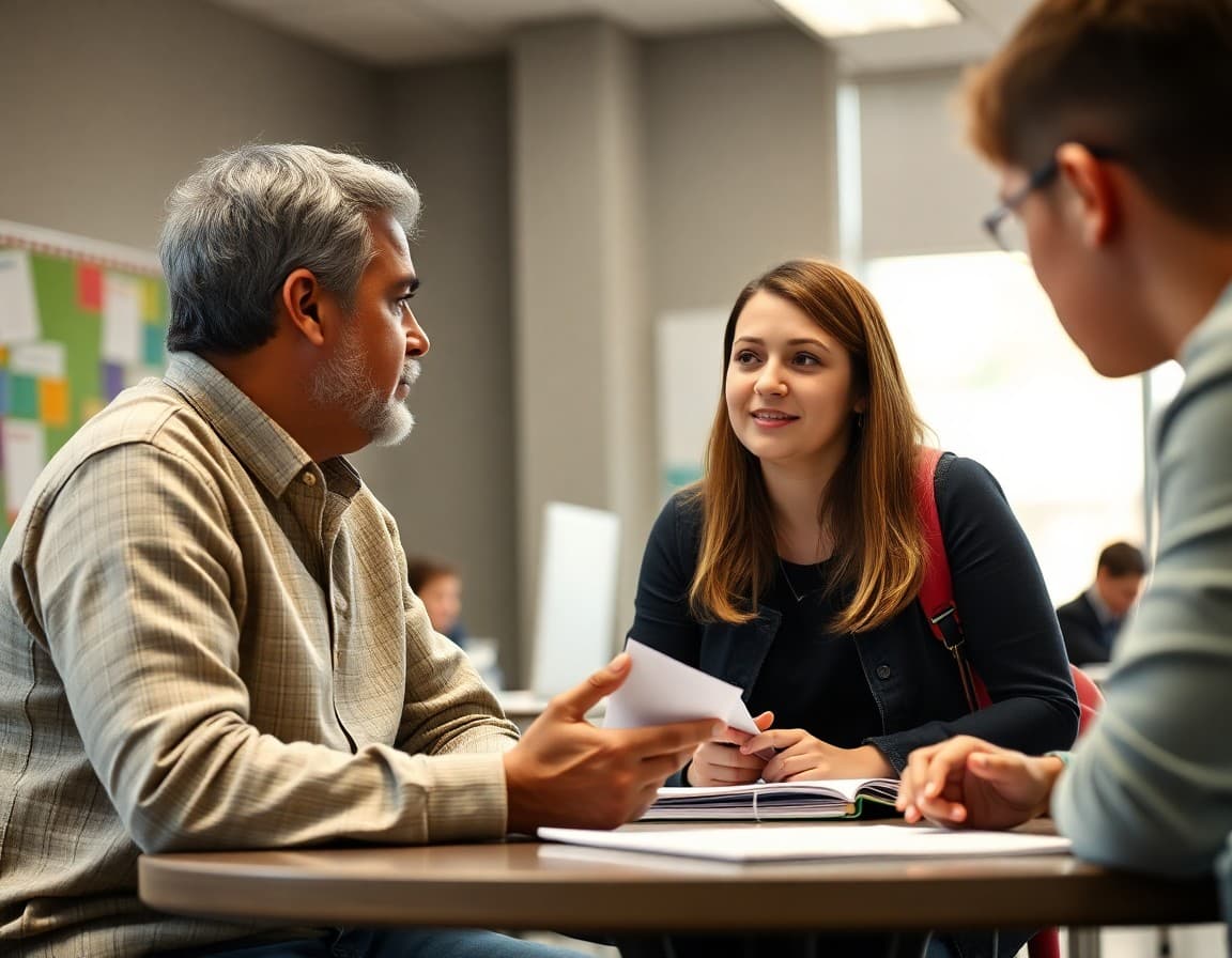 Parent and middle school student talking with a teacher at a conference