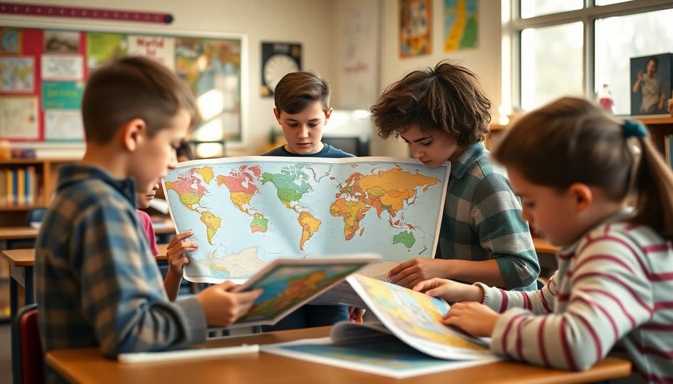 Middle school students working with world maps and atlases during a geography lesson