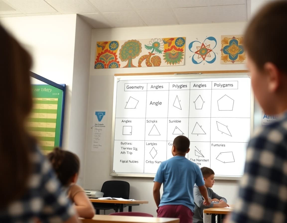Geometry concepts chart in a middle school classroom showing angle relationships and polygon names