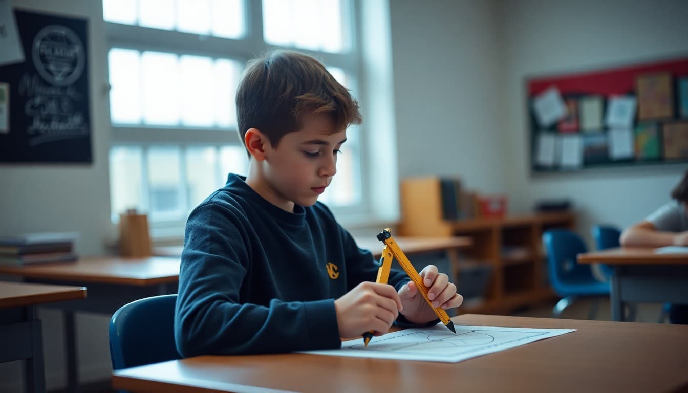 Middle school student using a compass and ruler to construct geometric figures at a desk