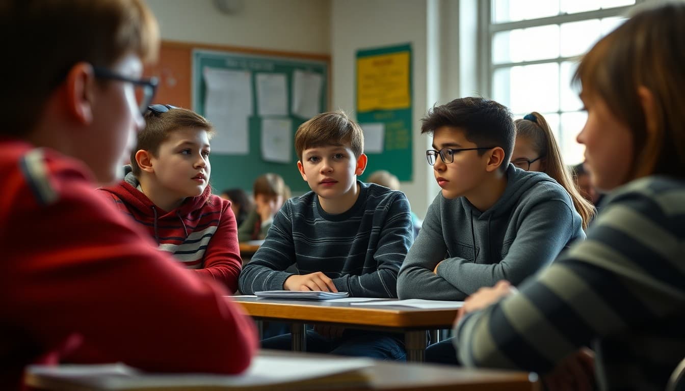 Middle school students debating a government policy question during a civics class simulation