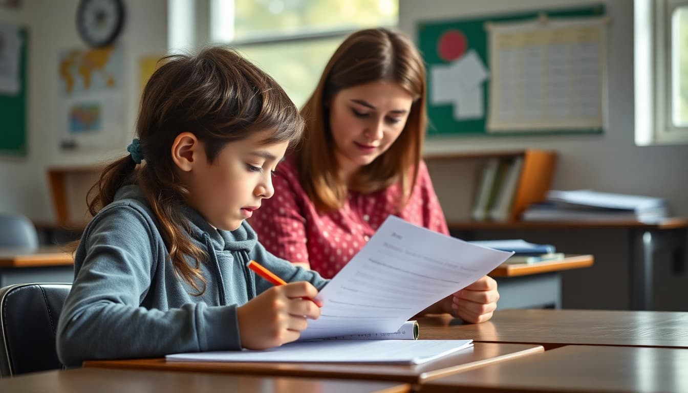 Middle school student revising a grammar worksheet with a teacher sitting beside them