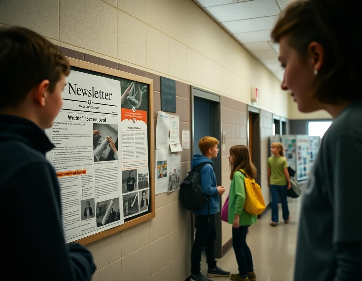 Iowa middle school newsletter on hallway bulletin board near student science project displays