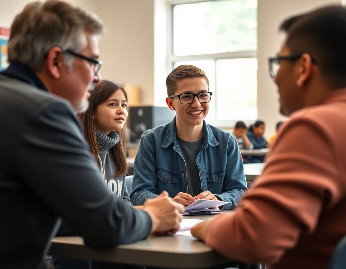 Parent and middle school student talking with a teacher at a conference
