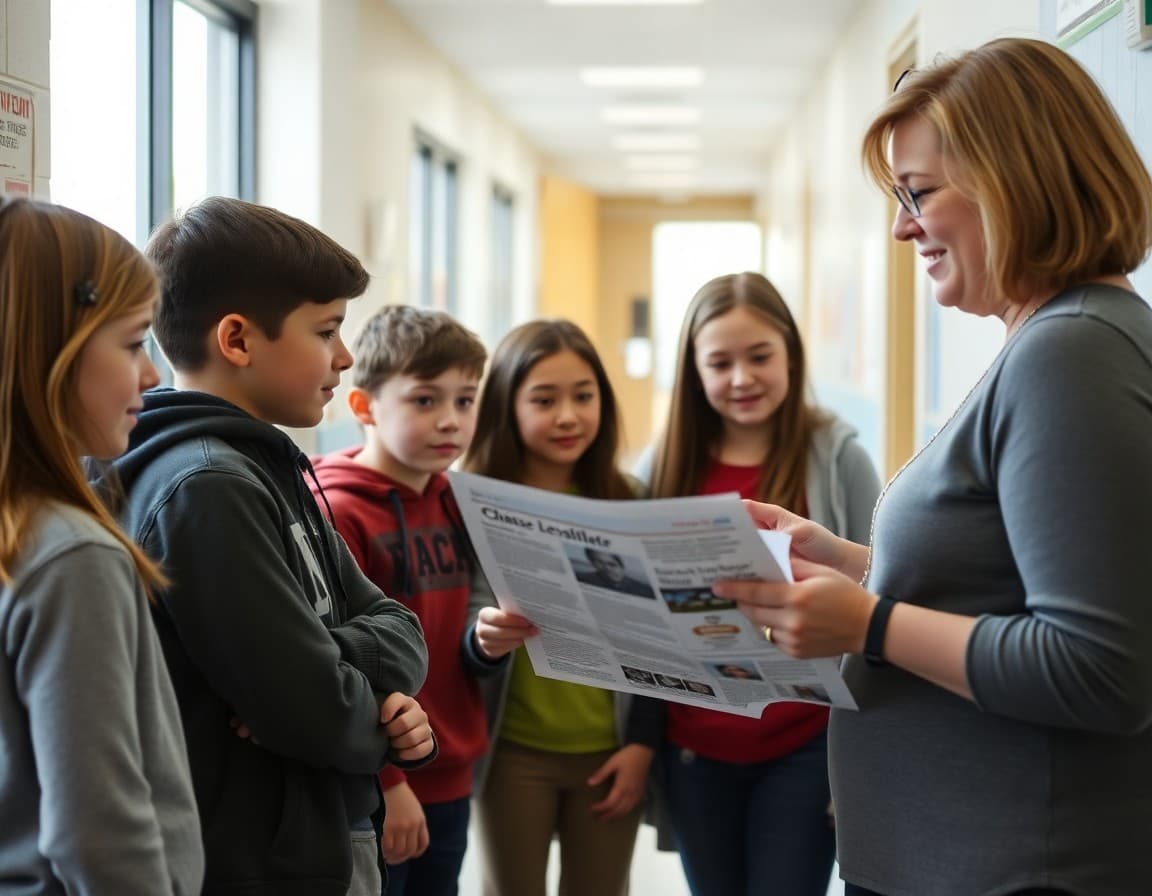 Idaho middle school students reviewing class newsletter with teacher in school hallway
