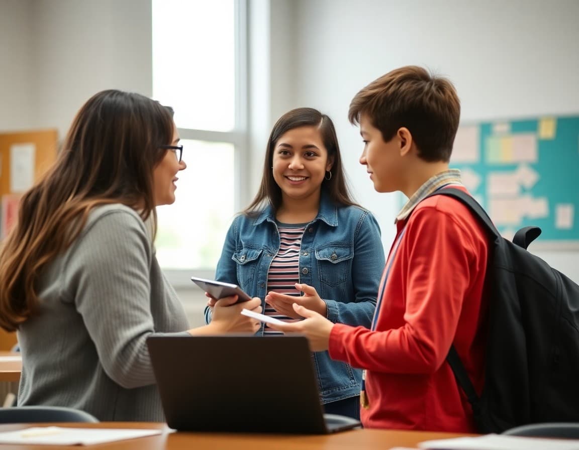 Parent and middle school student talking with a teacher at a conference