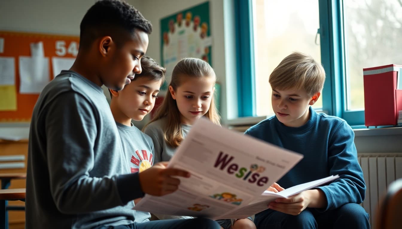 Middle school students and a parent reviewing a school newsletter together