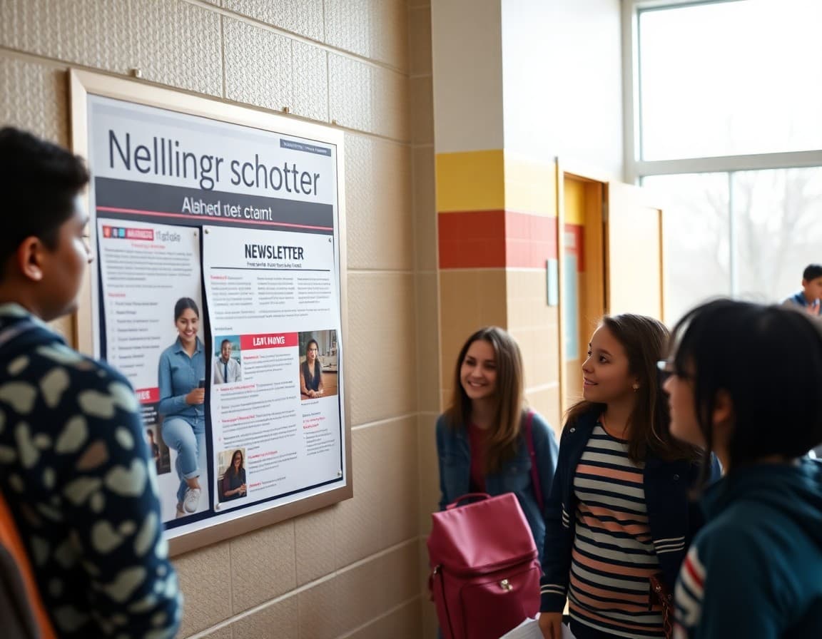 Illinois middle school team newsletter posted on bulletin board in diverse school hallway
