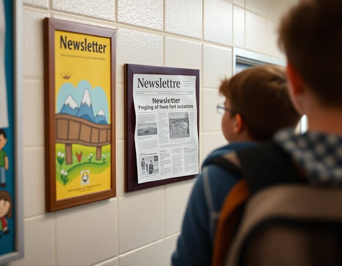 Indiana middle school newsletter posted on hallway bulletin board near student artwork