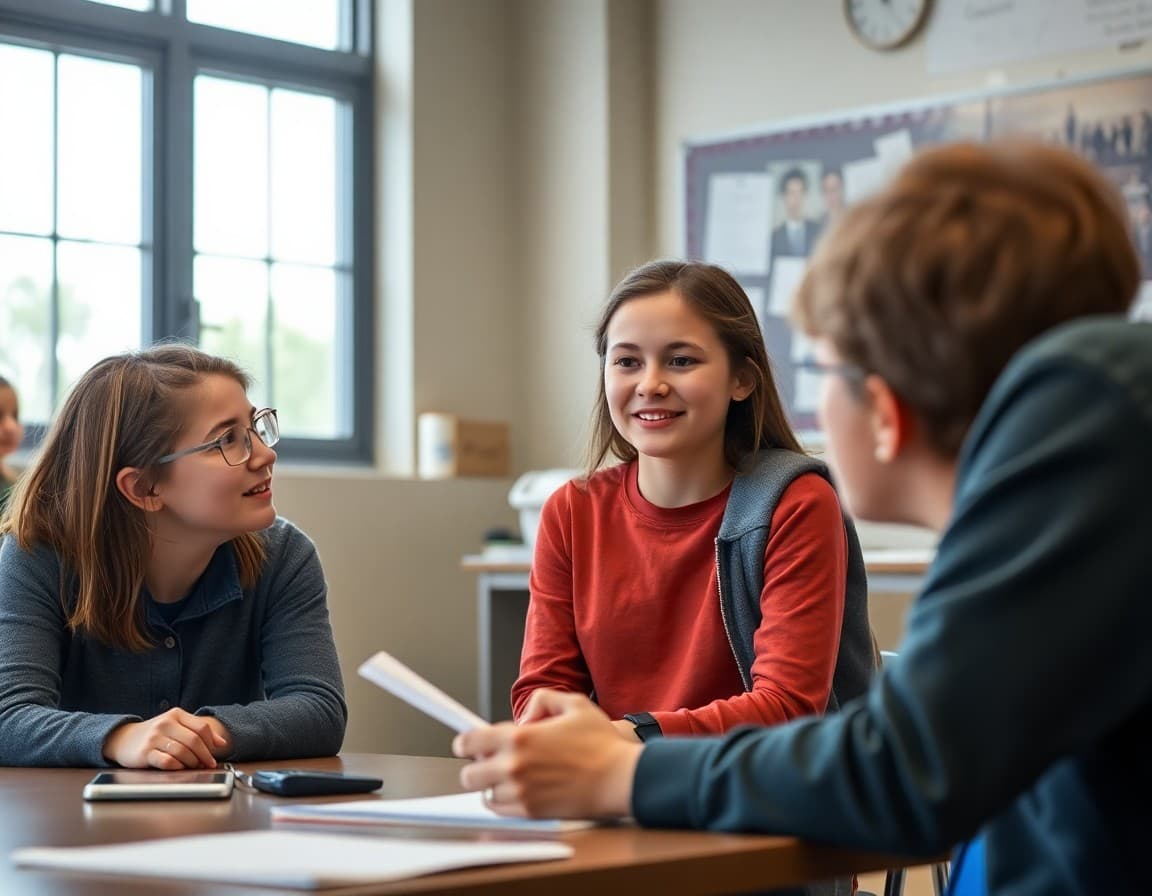 Parent and middle school student talking with a teacher at a conference