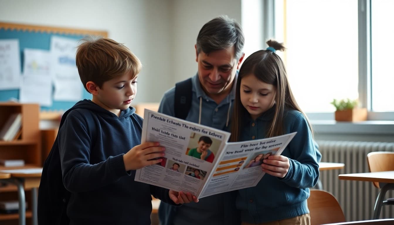 Middle school students and a parent reviewing a school newsletter together