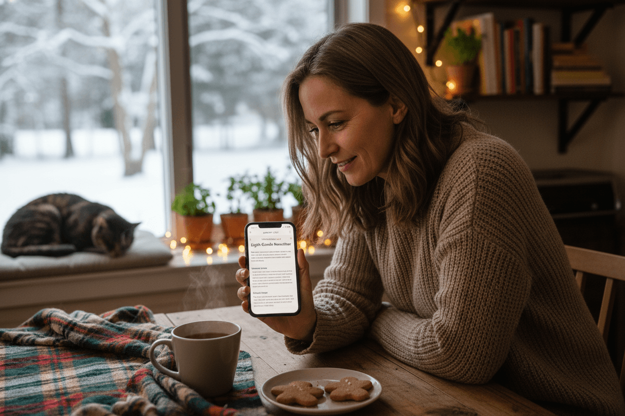 Parent reading January school newsletter on phone at home
