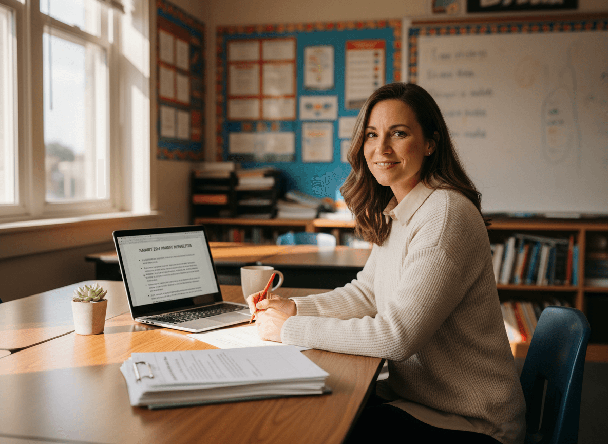 Middle school teacher at desk reviewing midterm results while drafting a January parent newsletter