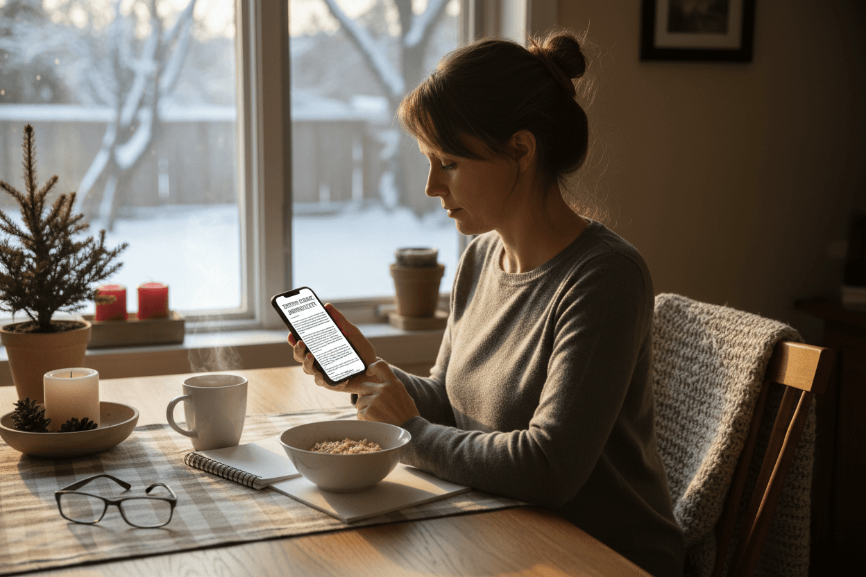 Parent reading January school newsletter on phone at home
