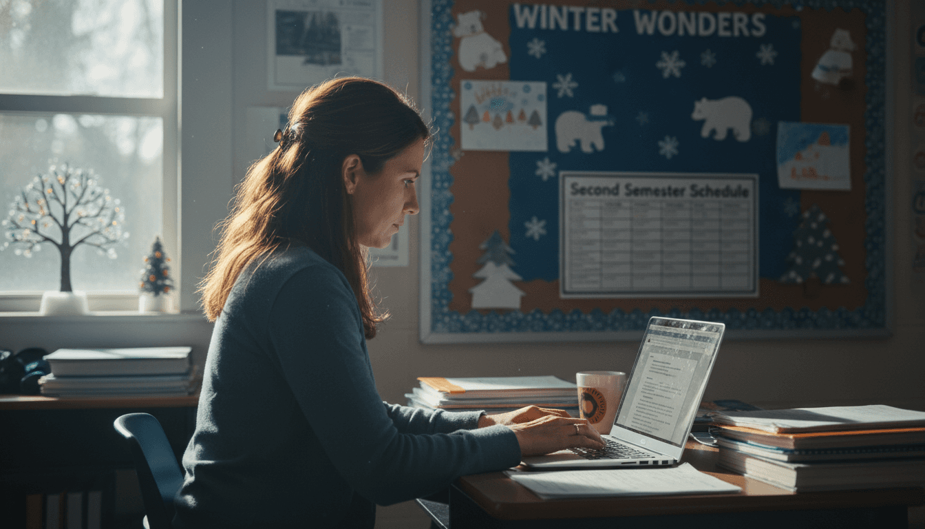 Seventh grade classroom teacher at desk in January, bulletin board visible