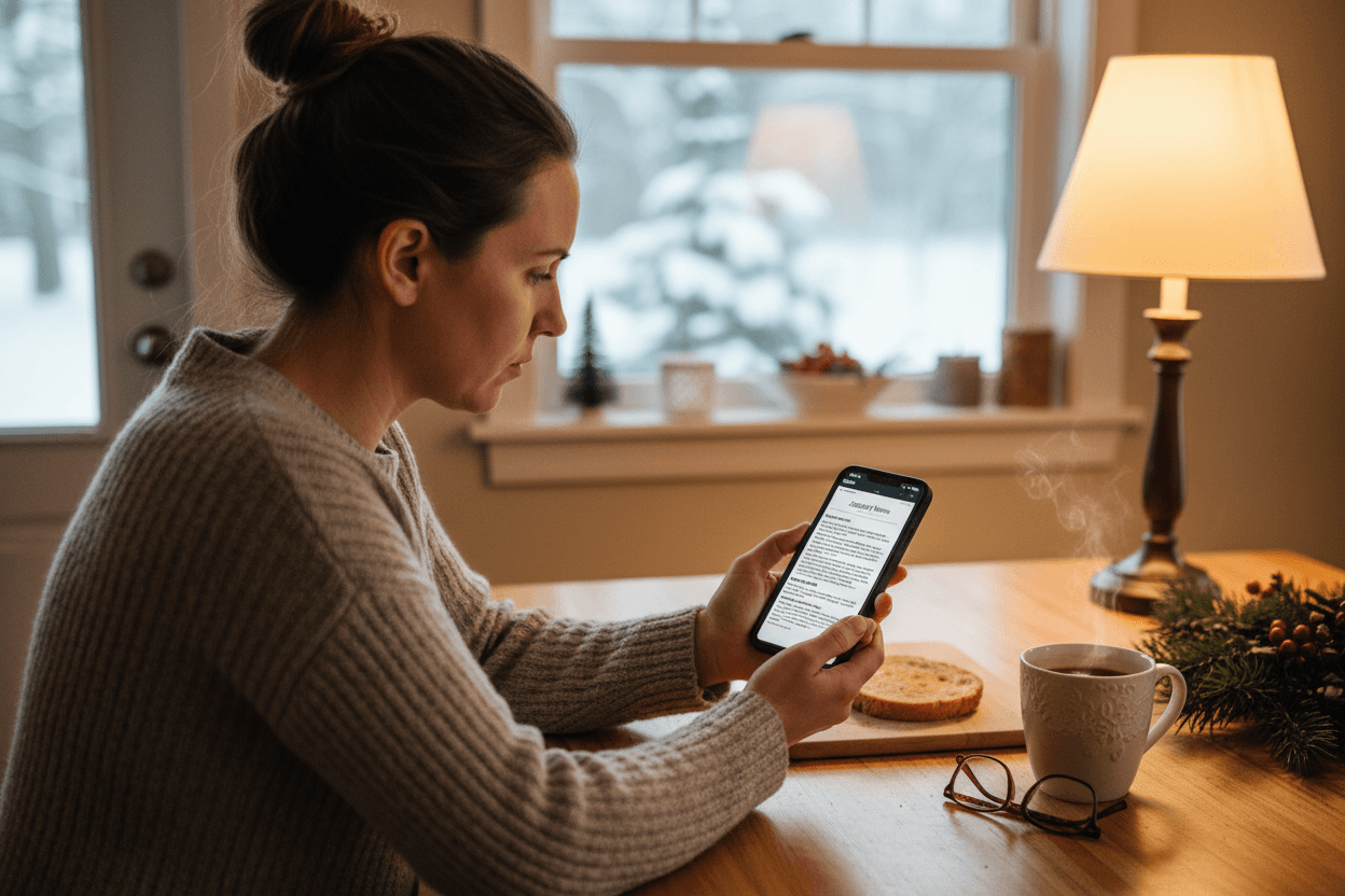 Parent reading January school newsletter on phone at home
