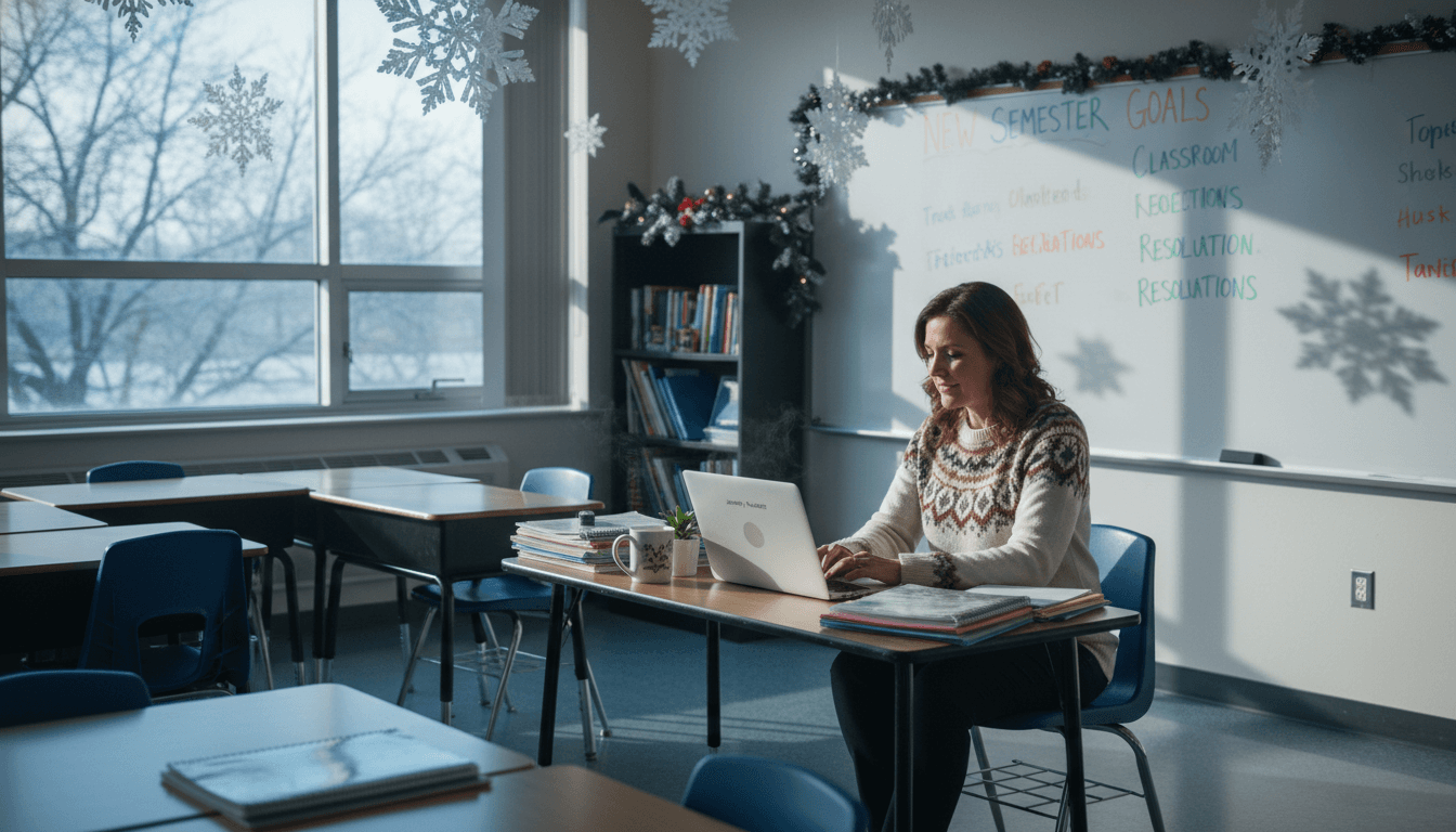 Sixth grade classroom teacher at desk in January, bulletin board visible
