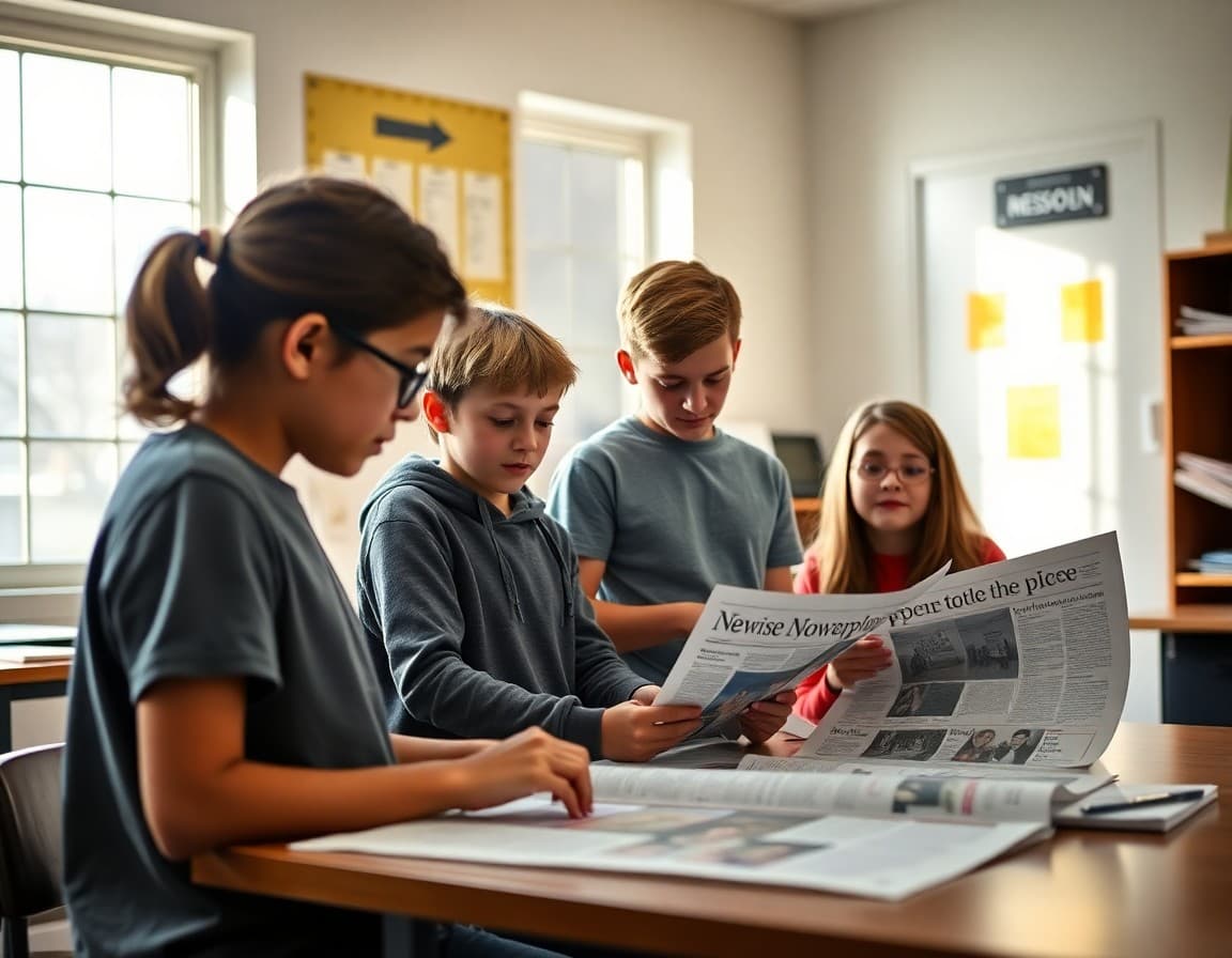 Middle school student newspaper layout being reviewed by a teacher and editor