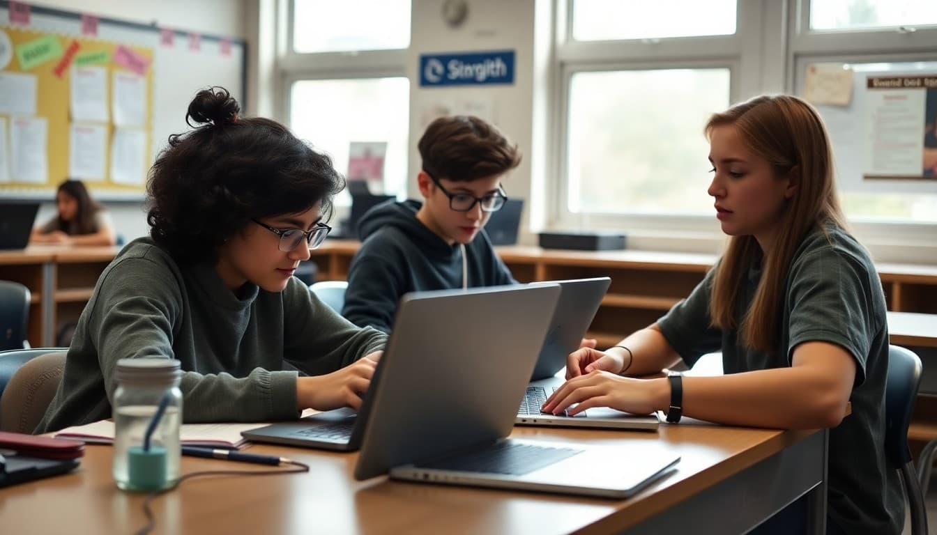 Middle school journalism students working on article drafts and layout on laptops in class