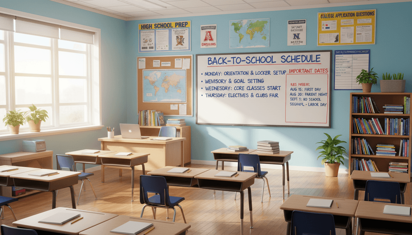 Eighth grade classroom setup in late July with high school prep materials and back-to-school schedule on the board