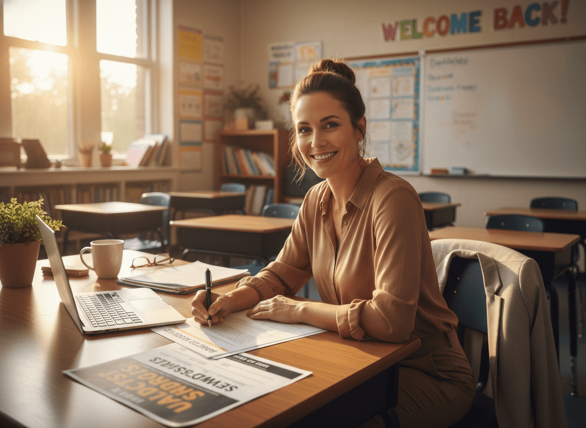Seventh grade teacher at a desk in July writing a back-to-school newsletter with supply list and sports sign-up flyer