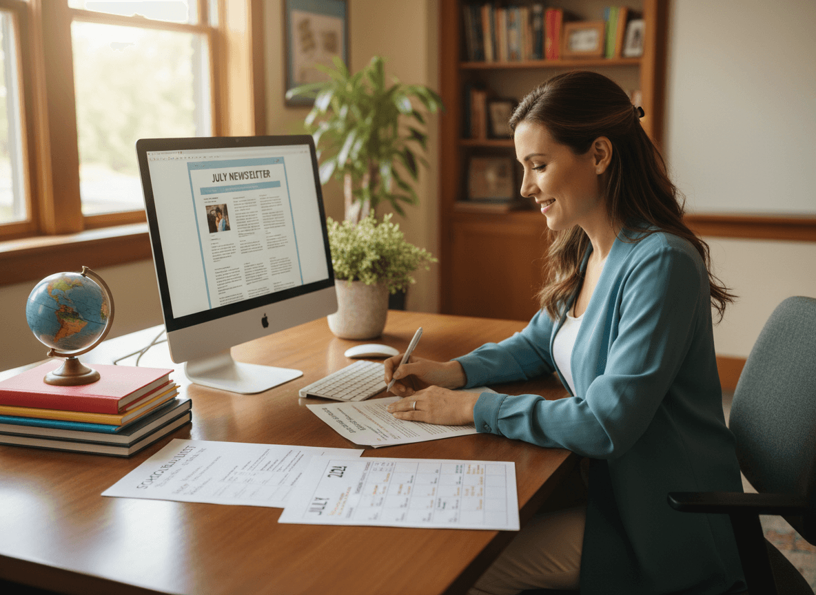 Middle school teacher preparing a July newsletter with school supply list, class schedule, and calendar on desk
