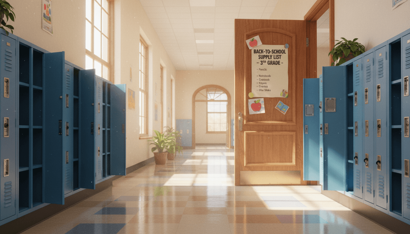 School hallway in late July with lockers open and back-to-school supply list posted on a classroom door