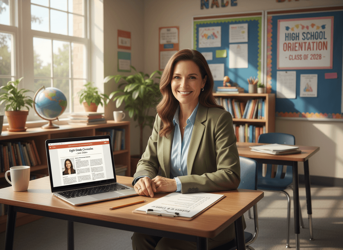 Eighth grade teacher finalizing a June newsletter with promotion ceremony checklist and high school orientation flyer