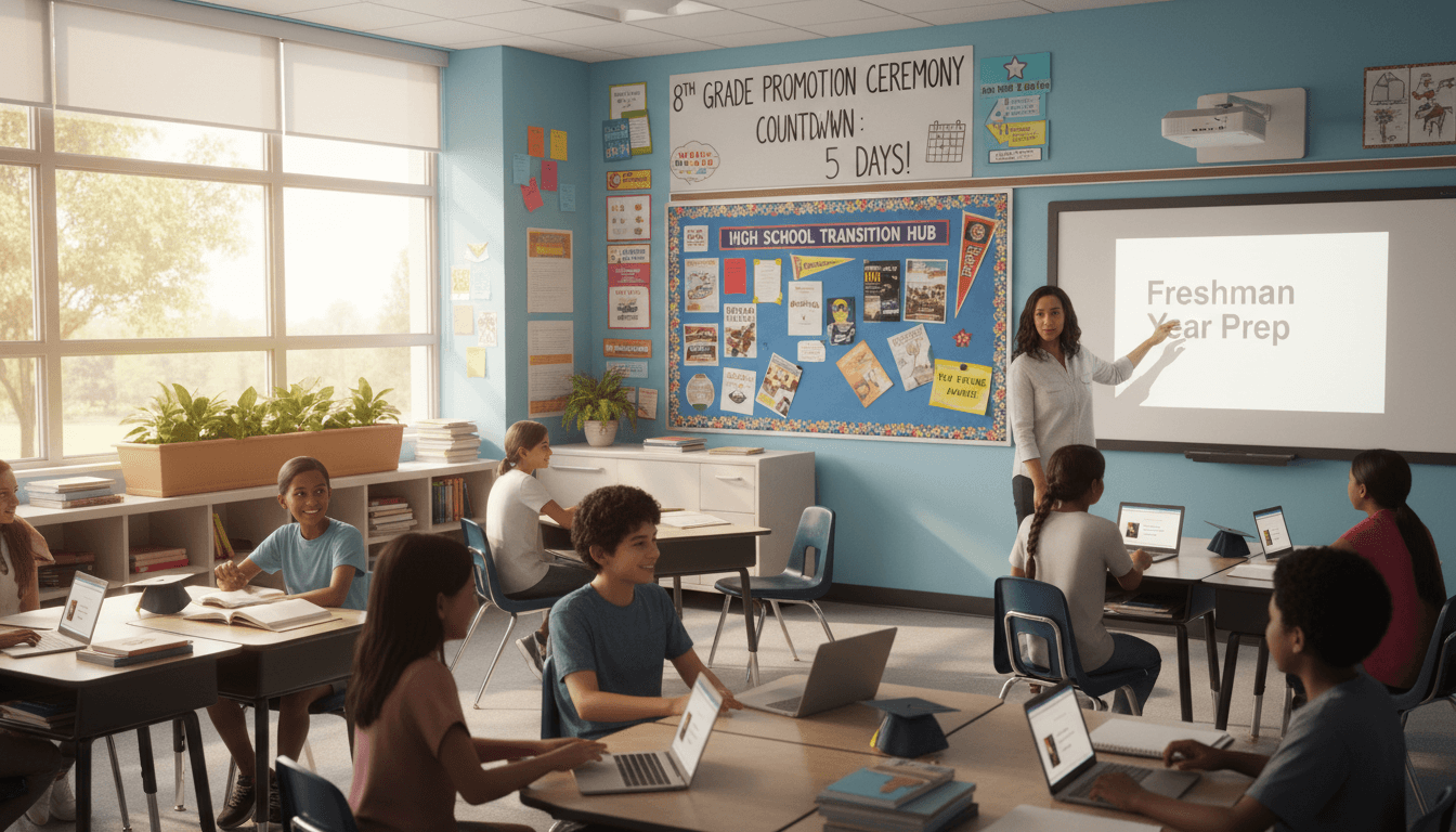 Eighth grade classroom in June with promotion ceremony countdown and high school transition materials on display