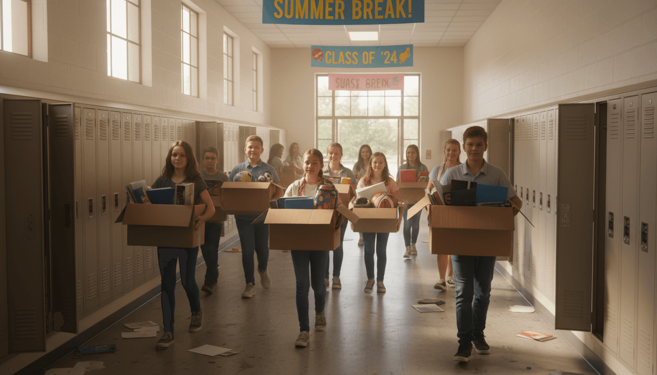 Middle school hallway in June with open lockers and students carrying boxes of belongings on the last day