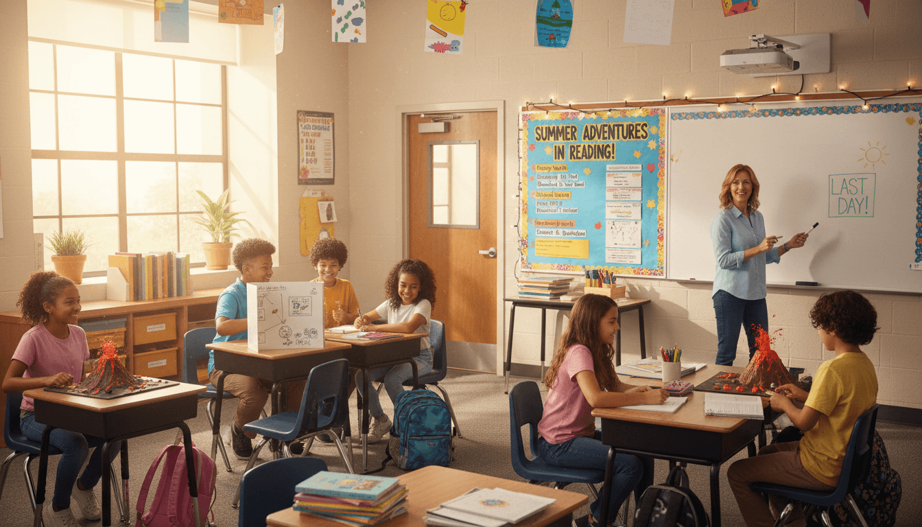 Seventh grade classroom in June with end-of-year project displays and a summer reading list on the bulletin board