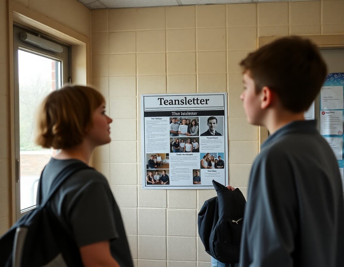 Kentucky middle school team newsletter on hallway bulletin board near student project displays