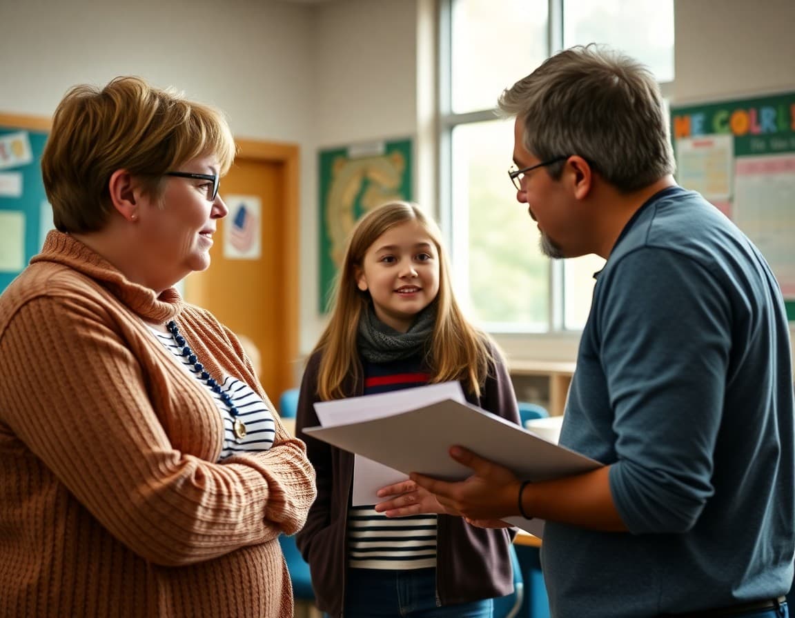 Parent and middle school student talking with a teacher at a conference