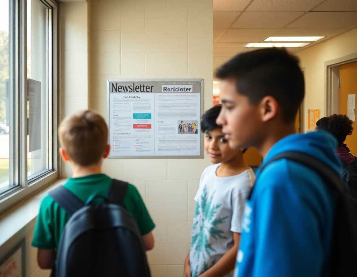 Louisiana middle school newsletter posted on bulletin board in school hallway near classroom