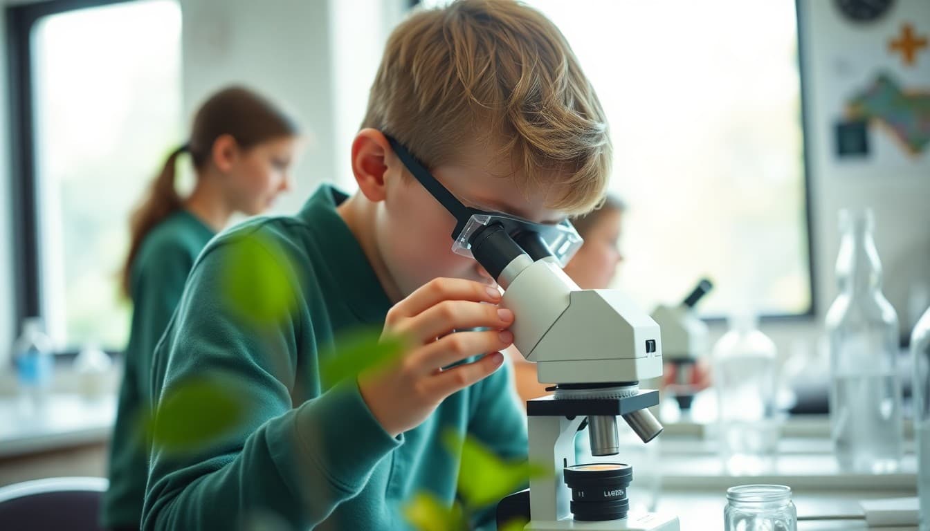 Middle school student examining a plant cell under a microscope during a life science lab