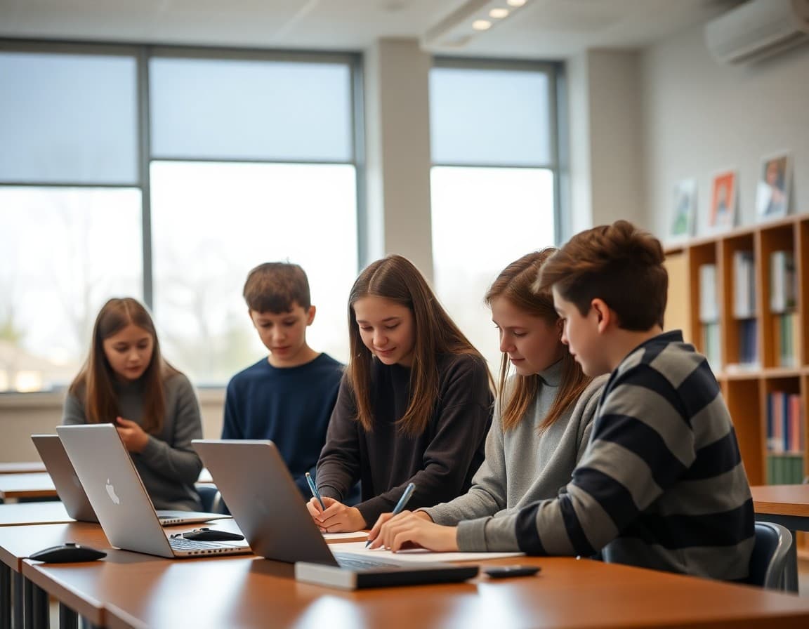 Massachusetts middle school students collaborating on project in modern classroom