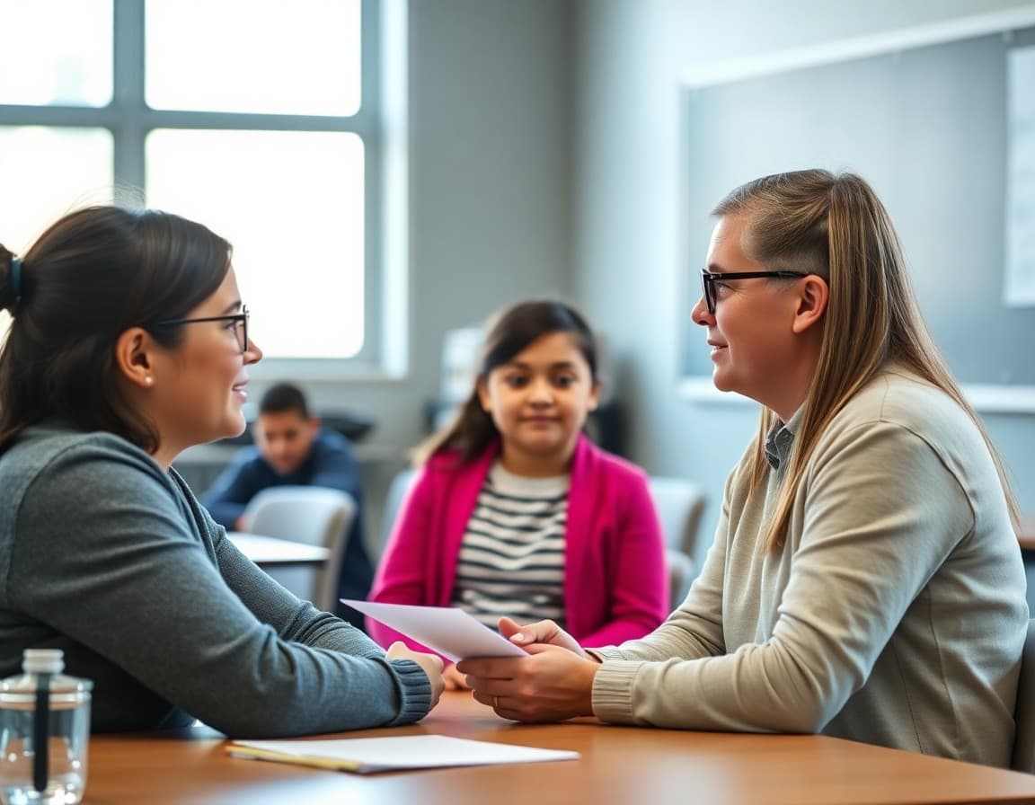 Parent and middle school student talking with a teacher at a conference